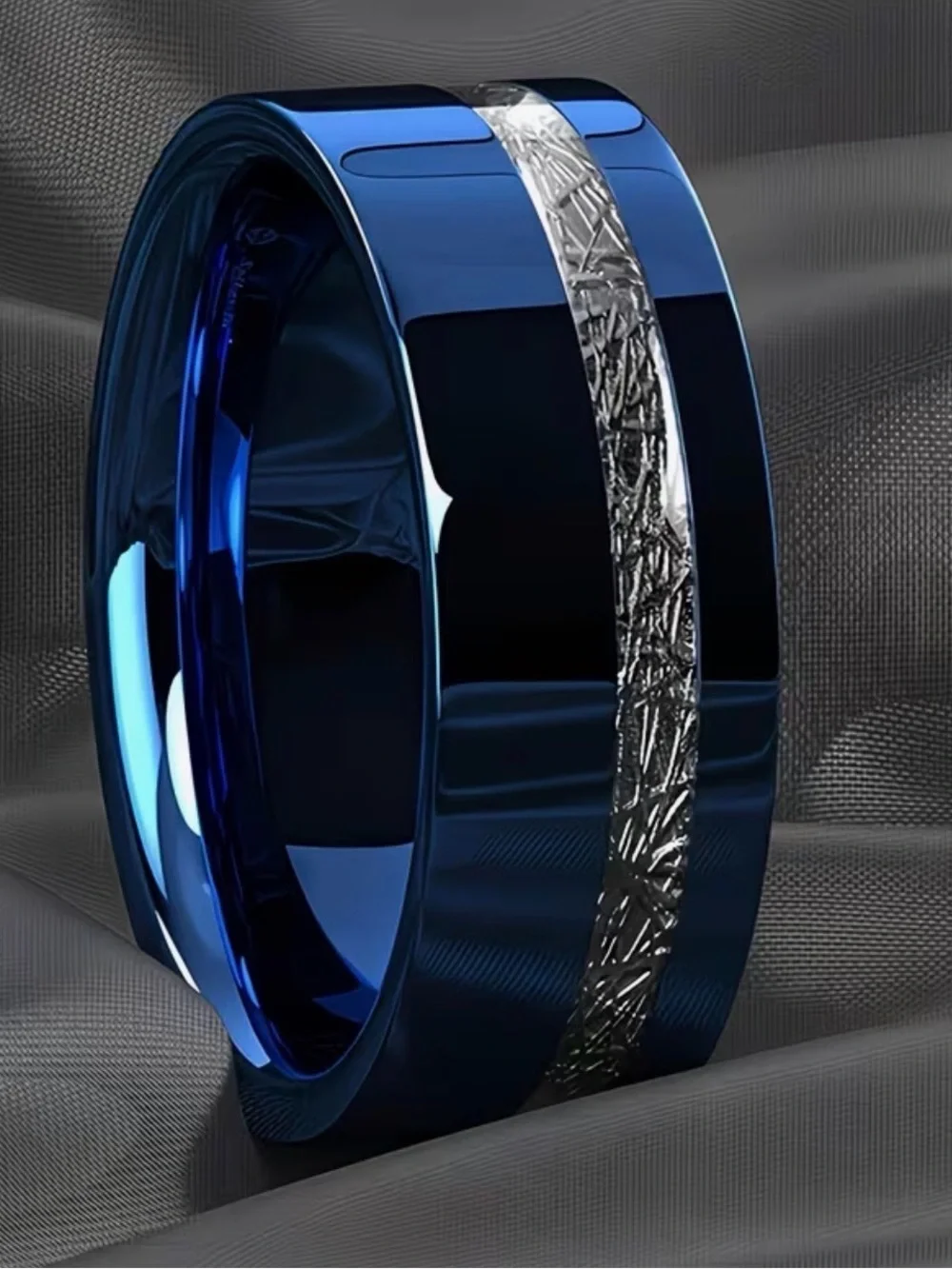 Men's 304 Stainless Steel Blue Wedding Band Ring with Textured Silver Inlay